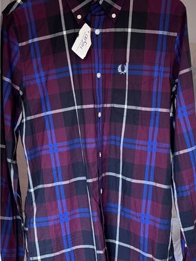 Fred Perry Men's Plaid Button-Down Shirt in Burgundy and Blue 100% Cotton